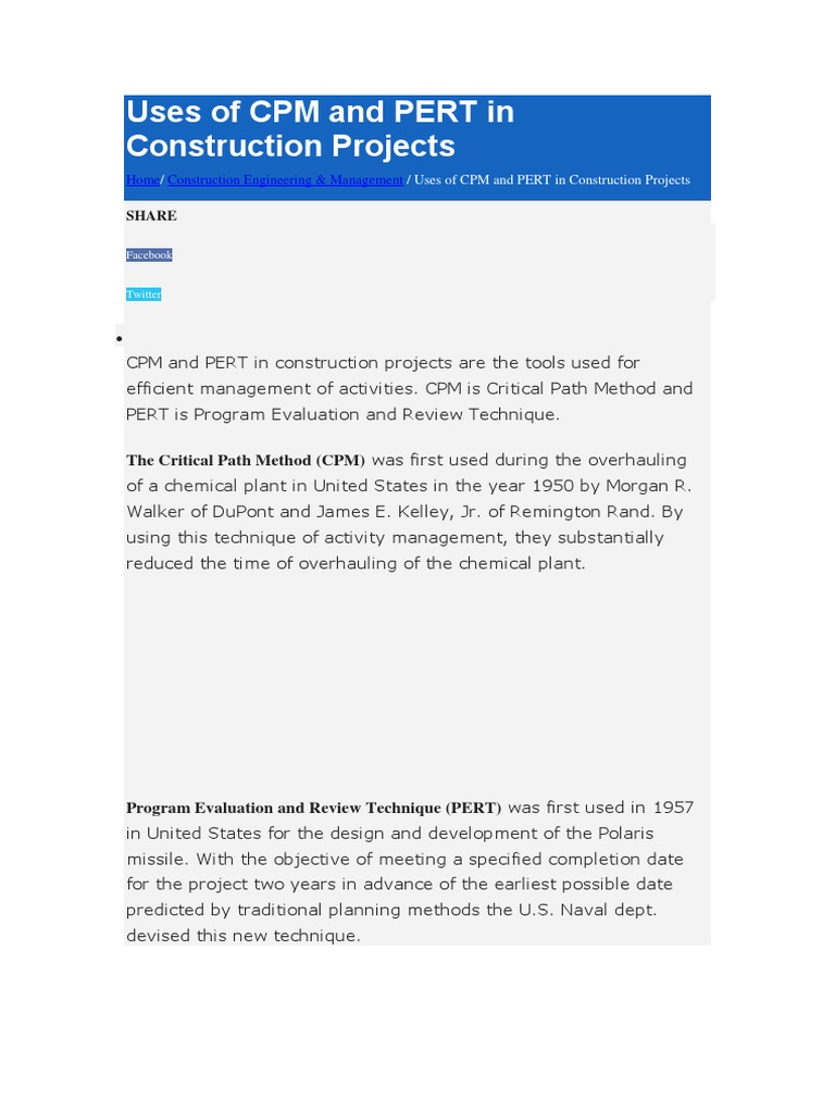 Uses of CPM and PERT in Construction Projects | Download Free PDF ...