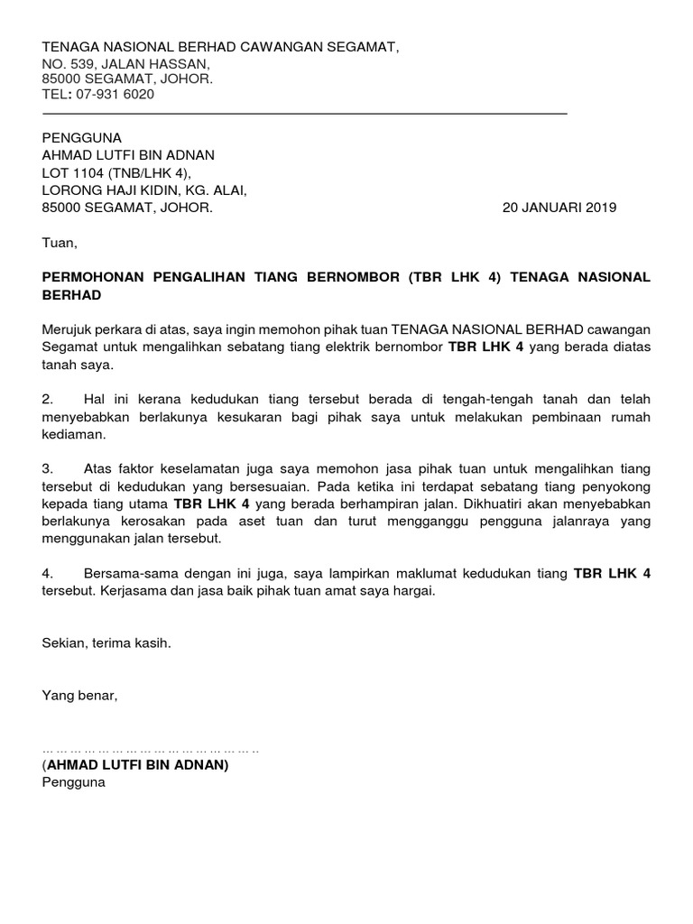 Surat Alih Tiang Elektrik Tnb 2019 Pdf