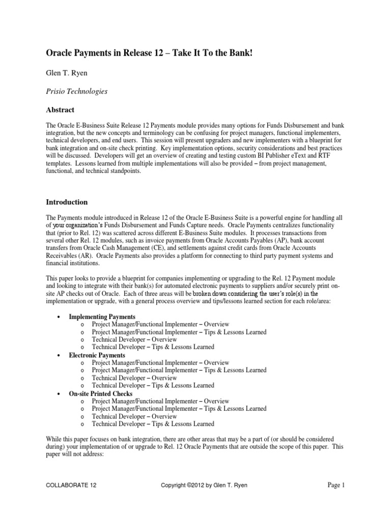 Oracle Payments in Release 12 Take It To The Bank! | PDF | Xslt | Cheque