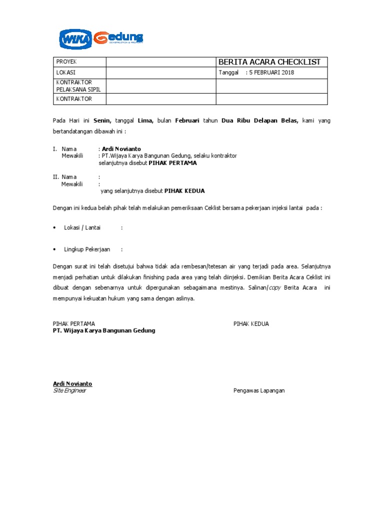 Berita Acara Checklist Pekerjaan Konstruksi | PDF
