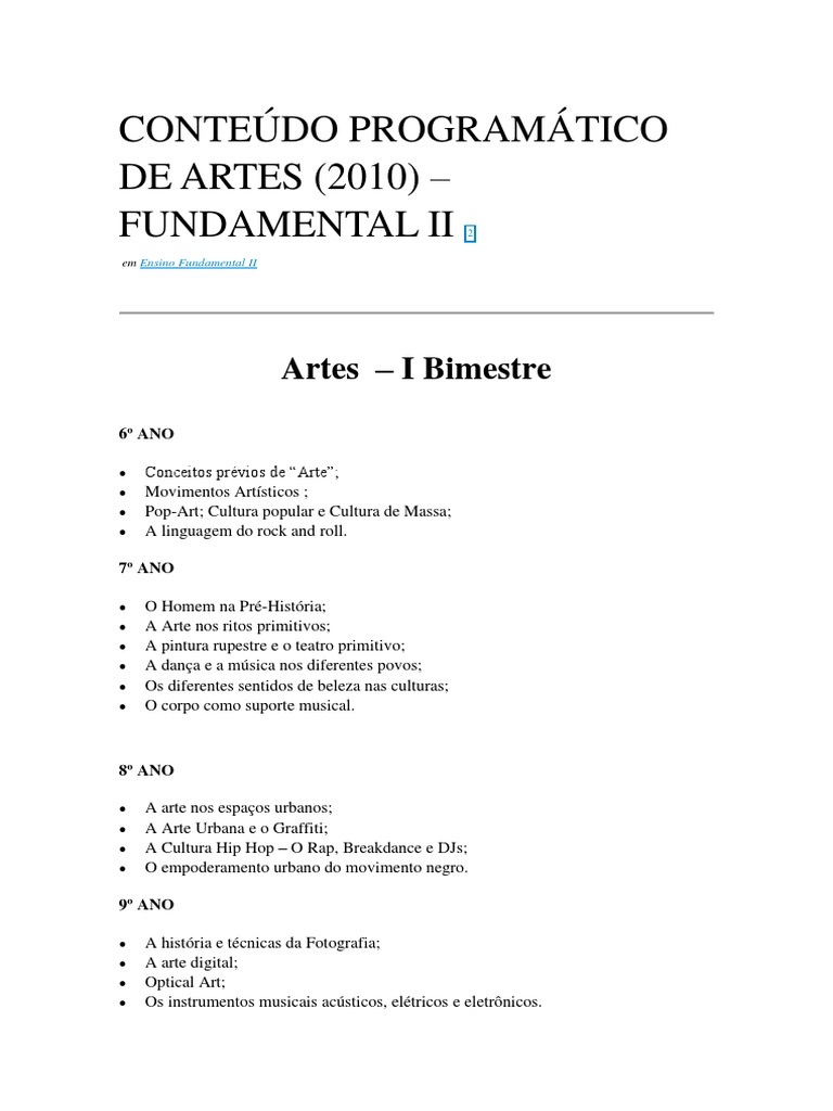 Conteúdo Programático de Artes - Fundamental II | PDF | Danças ...