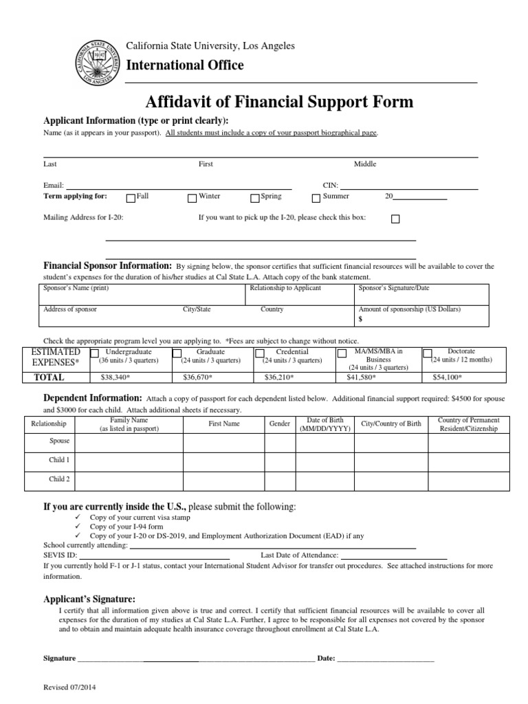 Affidavit of Financial Support Form  PDF  United States Postal