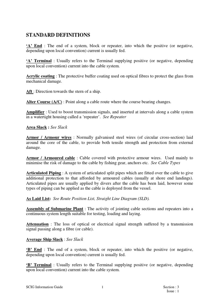 Cable Route Survey Dictionary PDF Sonar Optical Fiber