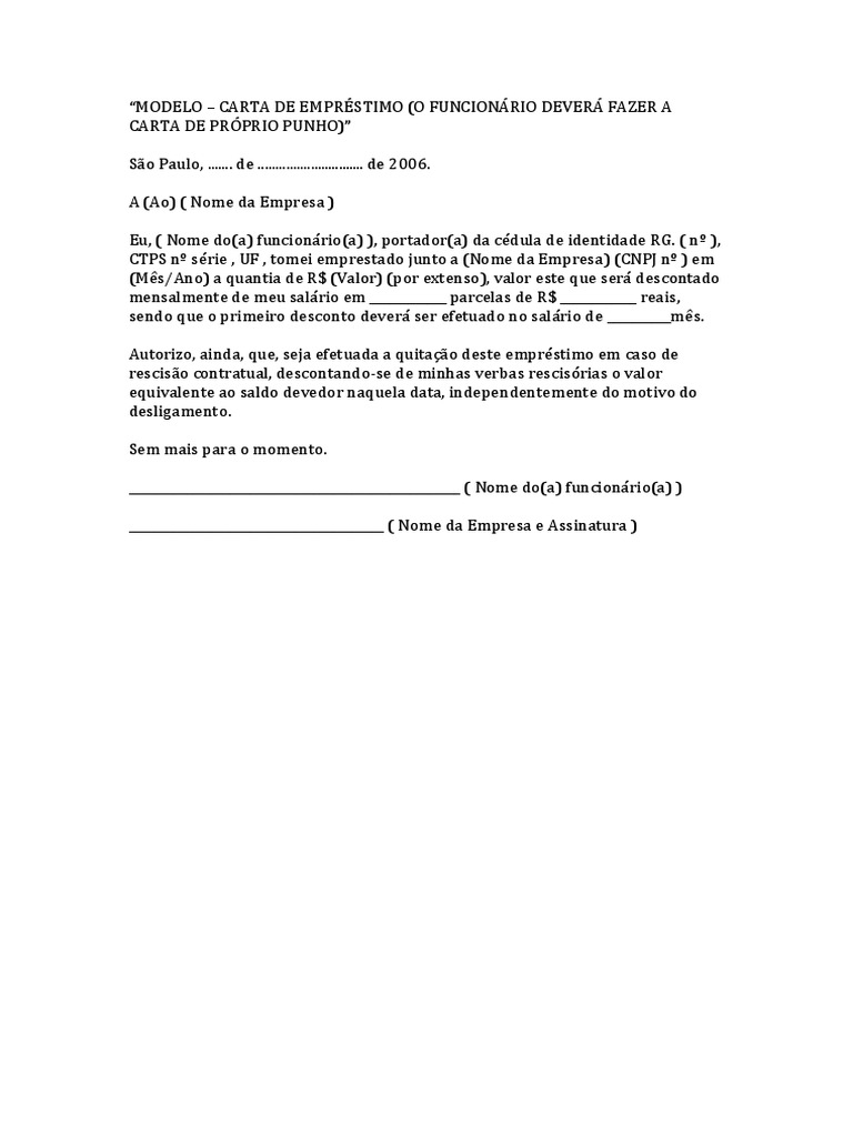Modelo carta de empr stimo pdf