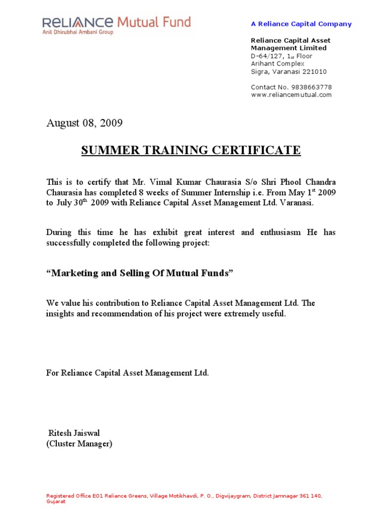 certificate for training