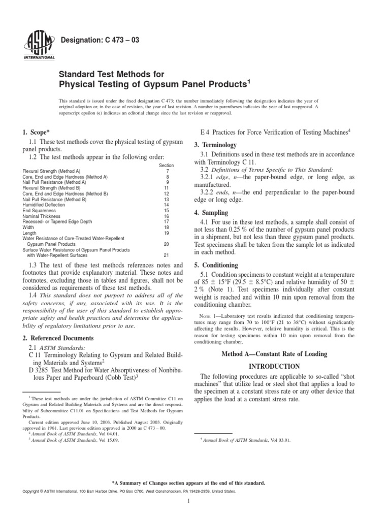 Physical Testing of Gypsum Panel Products Standard Test Methods For PDF