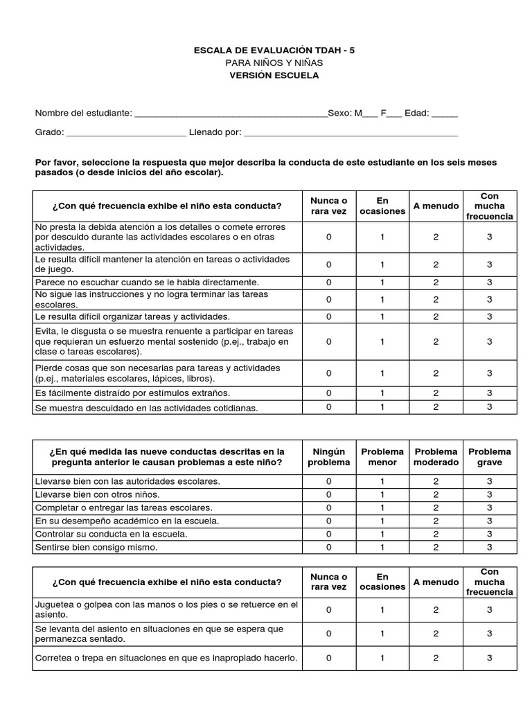 Escala de Evaluación Tdah - Adolescentes | PDF | Desorden hiperactivo y ...