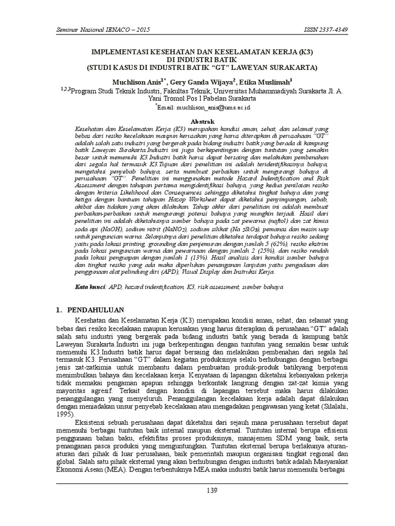 Jurnal Studi Kasus K3 Kimia Di Industri Batik PDF