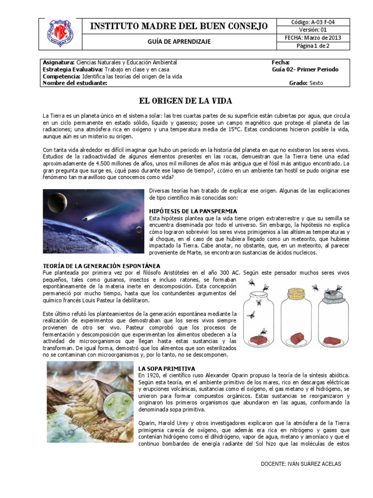 Guia 2 El Origen de La Vida 6° | PDF | Abiogénesis | Evolución