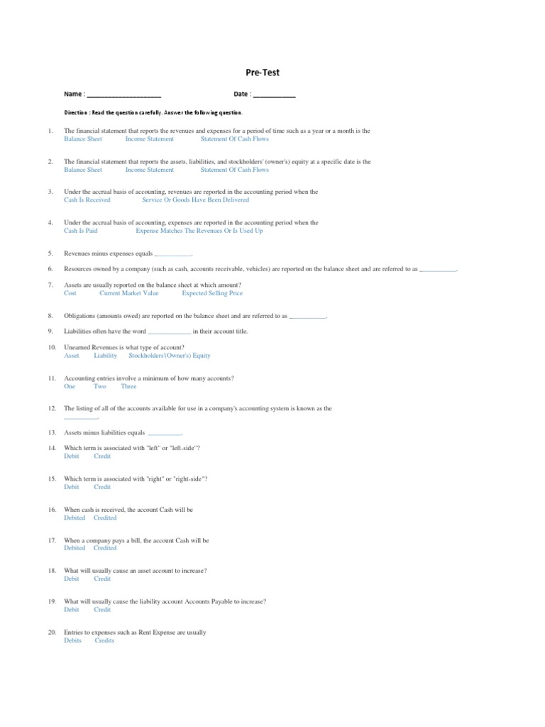 Pre-Test: Name: - Date | PDF | Debits And Credits | Balance Sheet