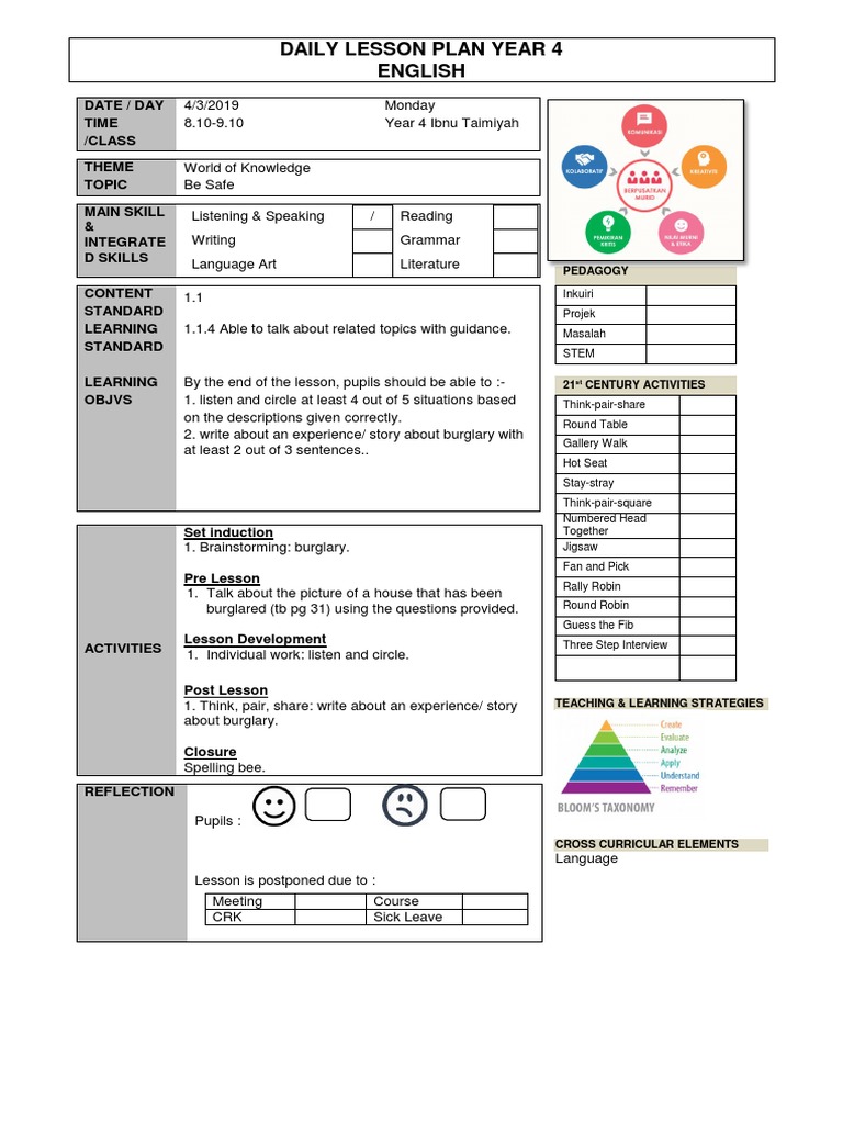 Daily Lesson Plan Year 4 English | PDF | Lesson Plan | English Language