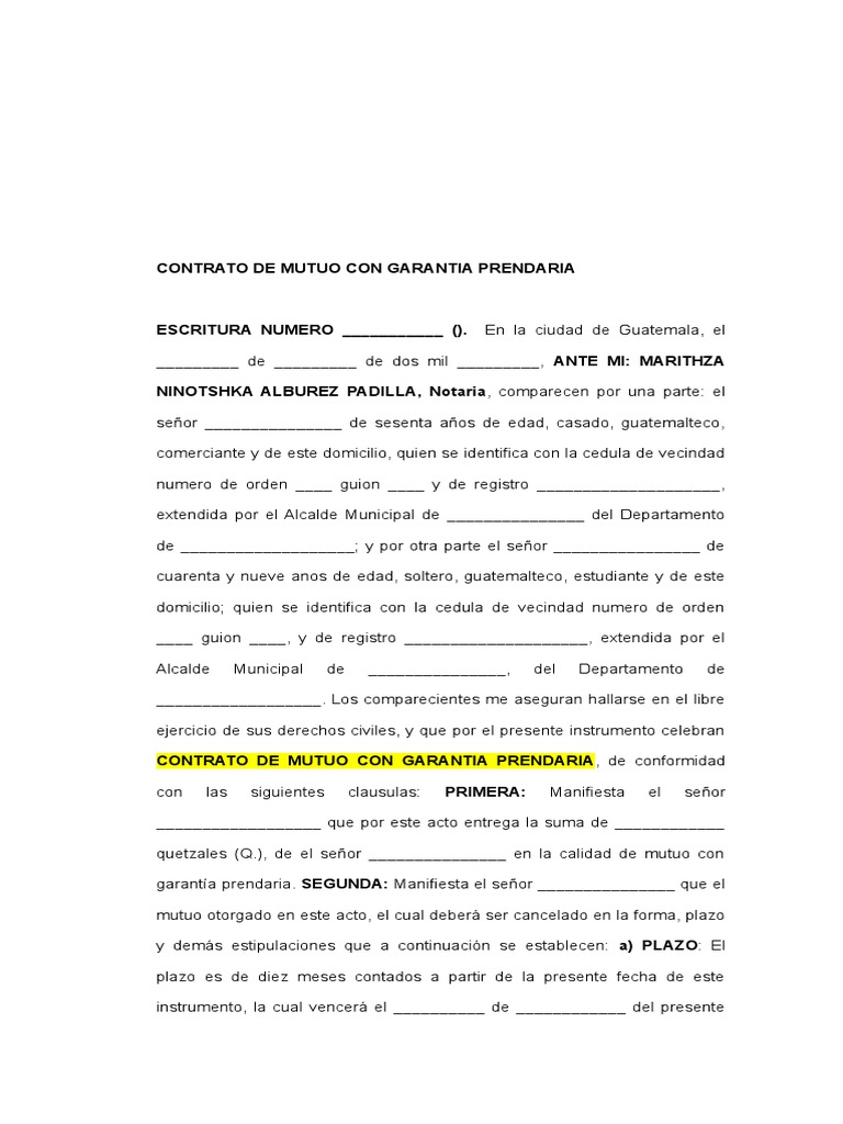 Contrato de Mutuo Con Garantia Prendaria Pagos Gobierno