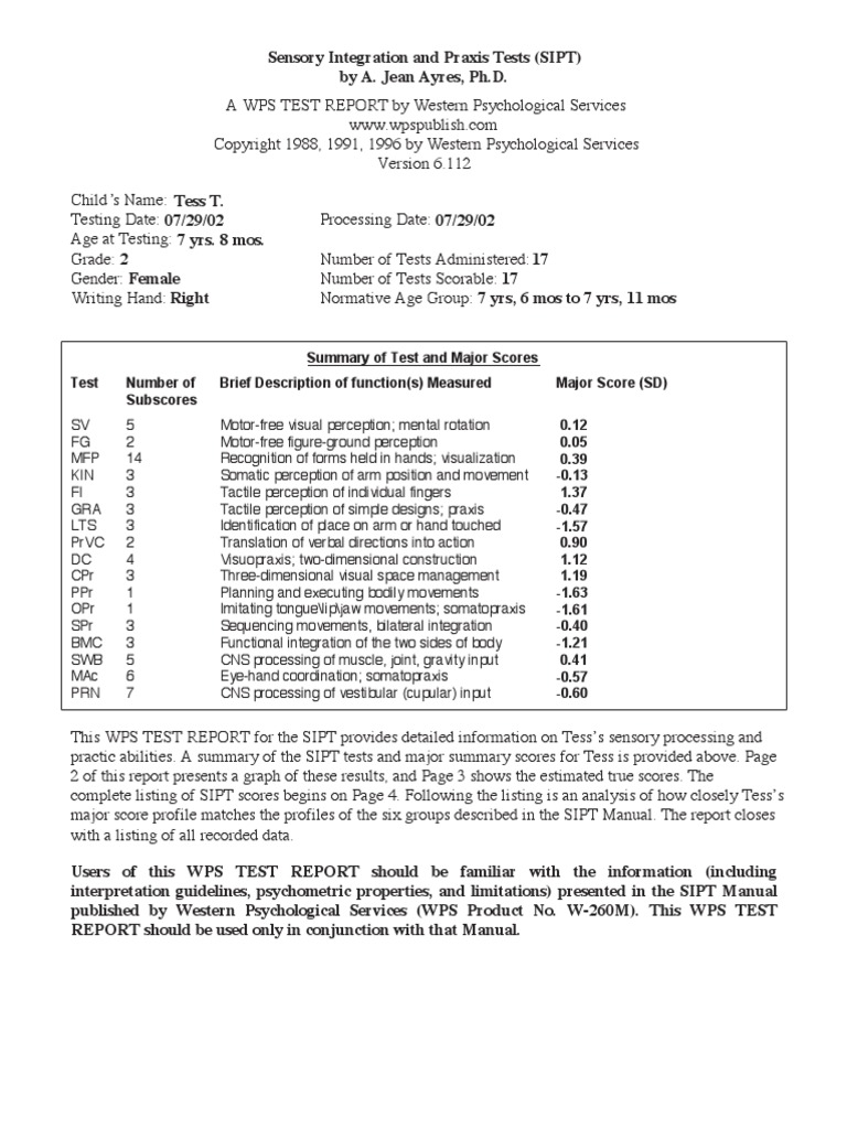 Sensory Integration and Praxis Test Report PDF Standard Error