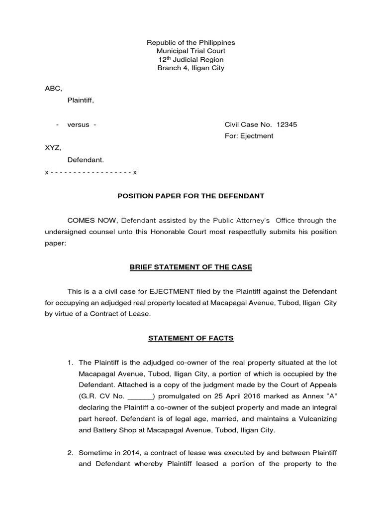 Defendant's Position in Ejectment Case | PDF | Eviction | Complaint