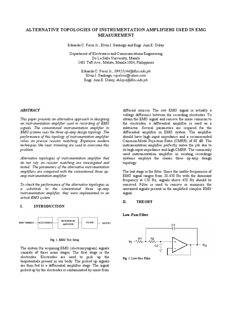Alternative Topologies of Instrumentation Amplifiers Used in Emg