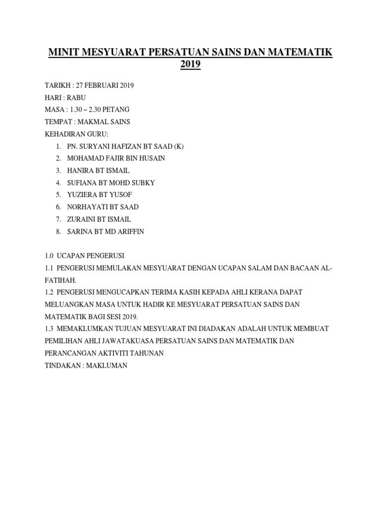 Contoh Minit Mesyuarat Persatuan Sains Dan Matematik