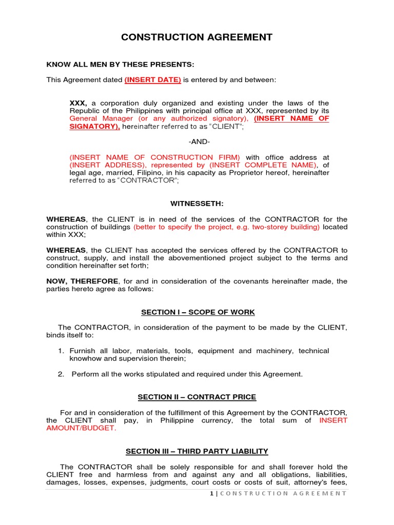 Construction Agreement | PDF | Damages | Independent Contractor