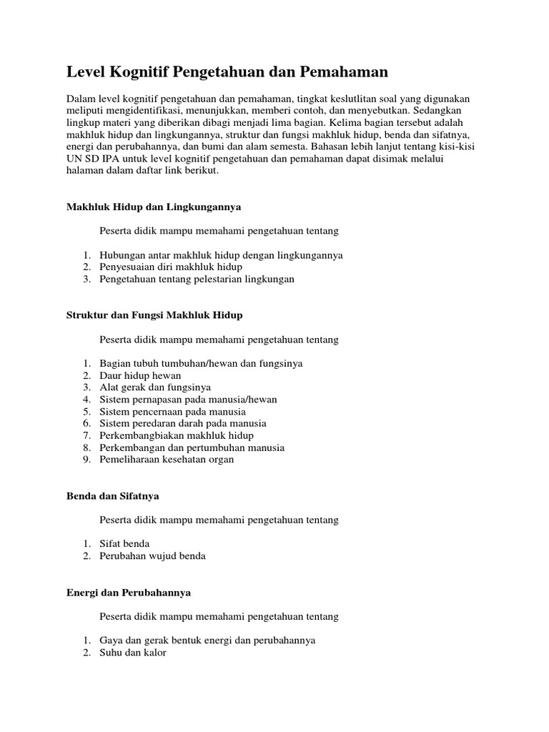 Level Kognitif Pengetahuan Dan Pemahaman Docx