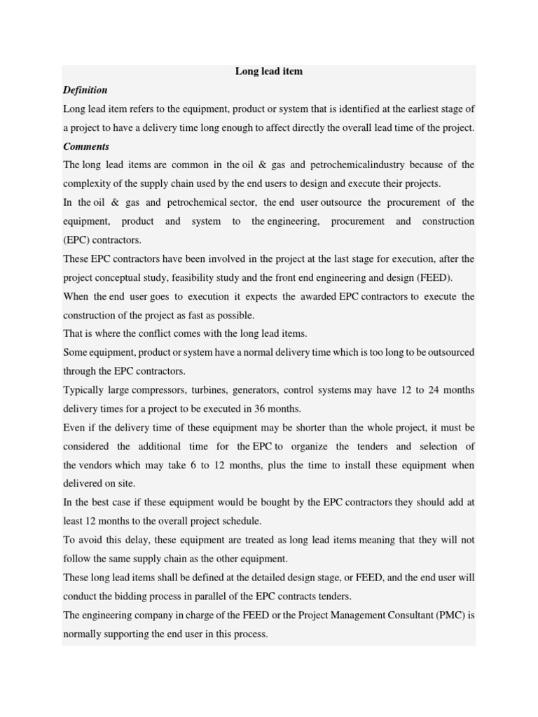 Long Lead Item Procurement Engineering