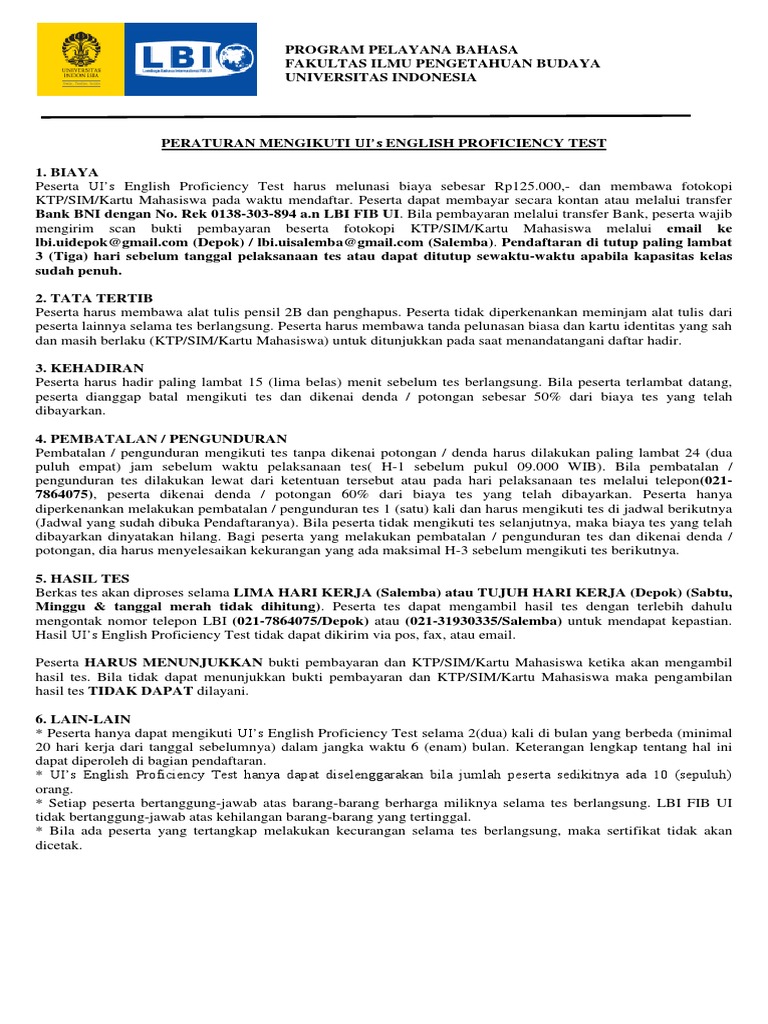 Aturan dan Biaya Ujian EPT UI | PDF