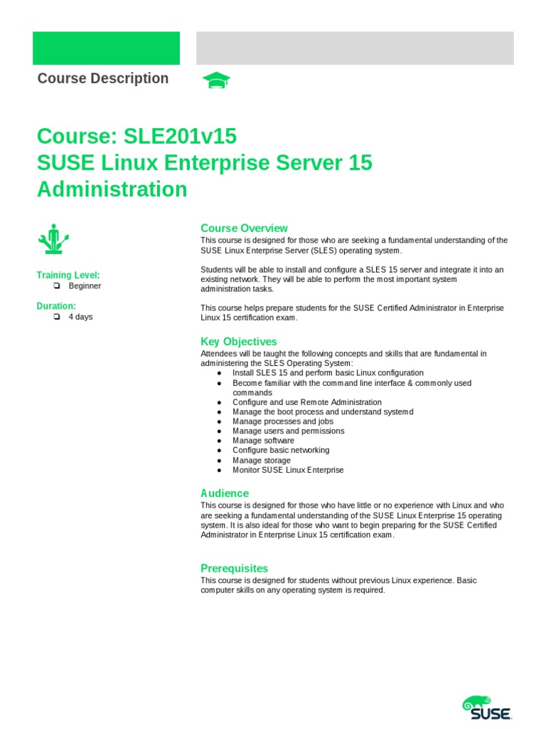SLE201v15 SLES15 Admin Course Description | PDF | Linux | Operating ...
