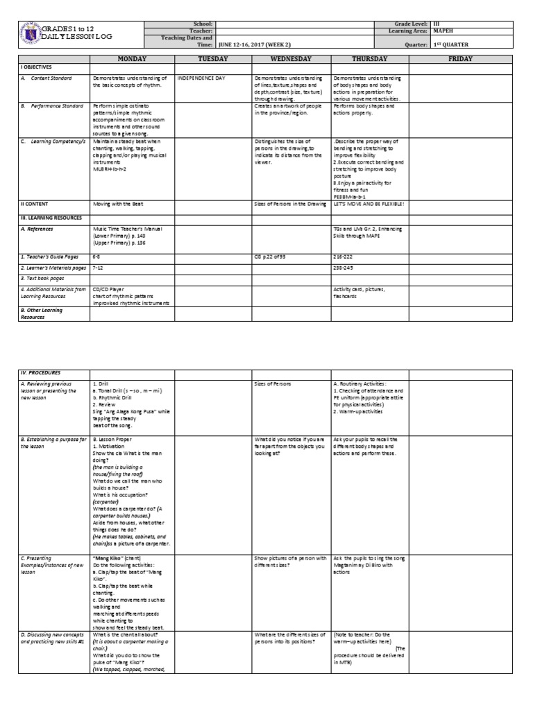 Grade 3 MAPEH DLL Q1 Week 2 | PDF | Teachers | Behavior Modification