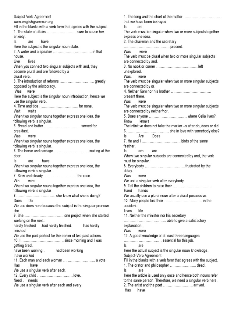 Subject-Verb Agreement Exercises | PDF | Grammatical Number | Plural