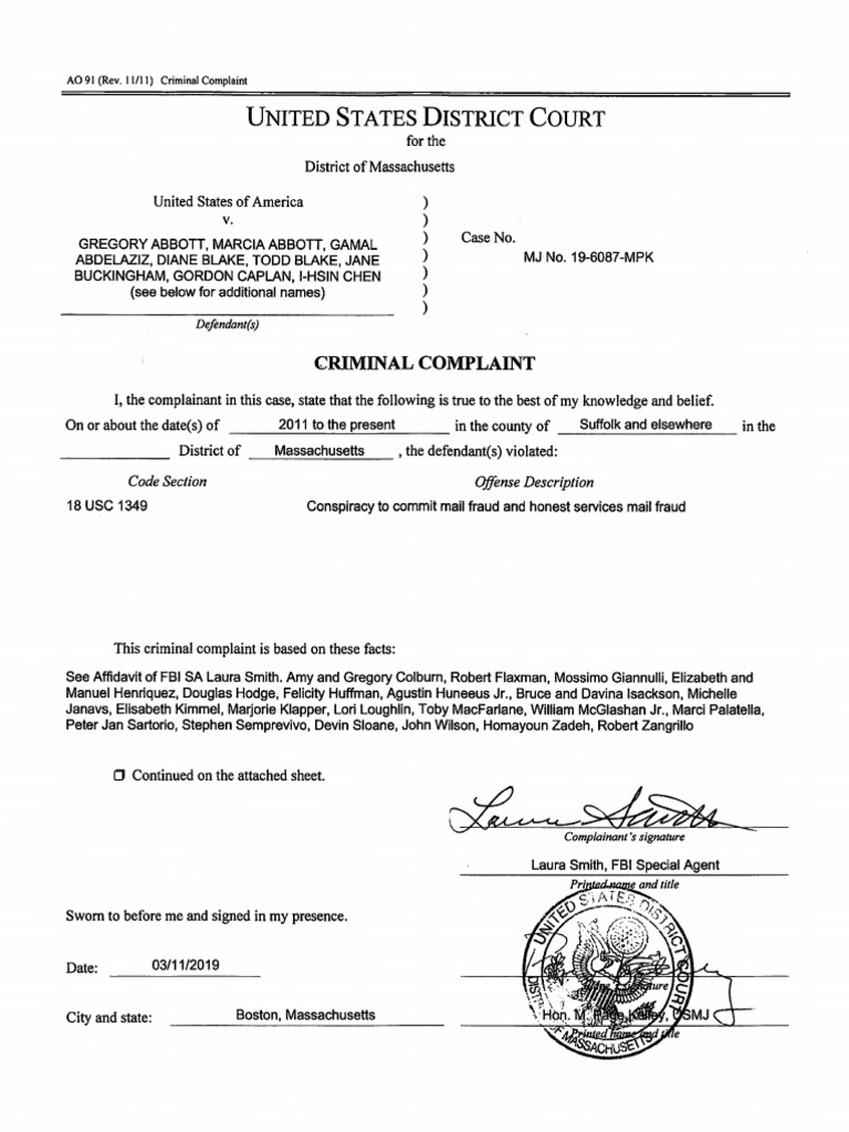 Felicity Huffman Lori Loughlin Criminal Complaint Prosecution Crime Thriller