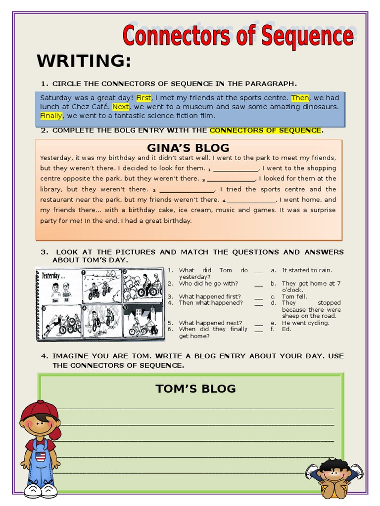 Writing Connectors of Sequence Picture Description Exercises Tests