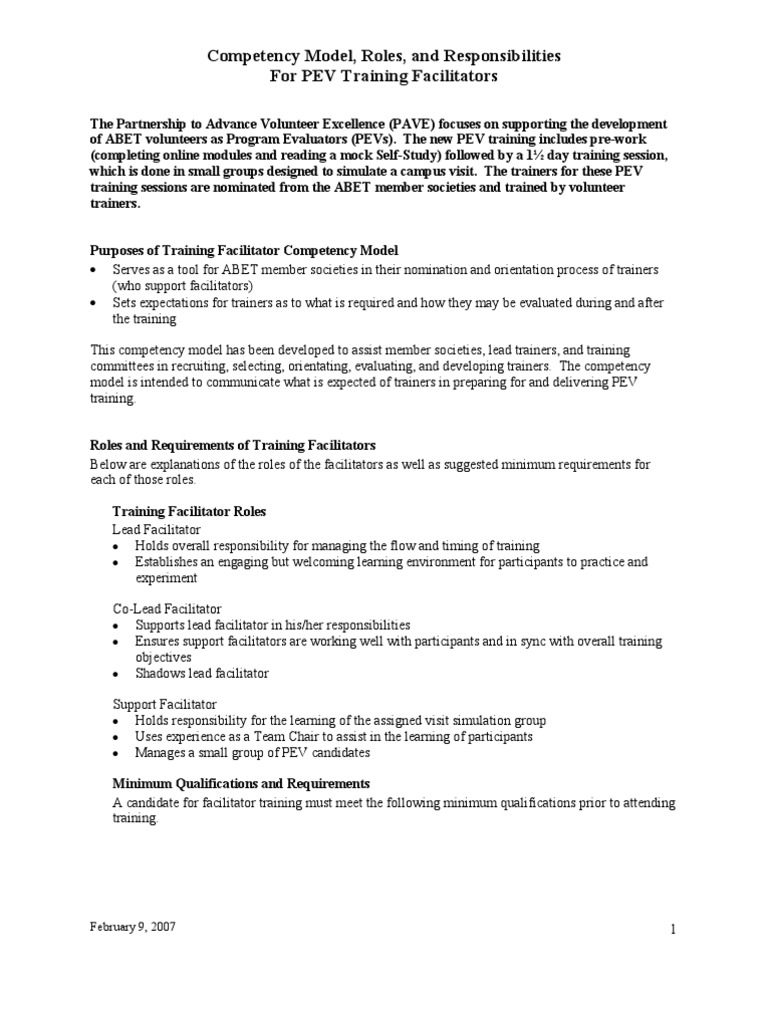 PEV Training Facilitator Competency Model | PDF | Facilitator ...