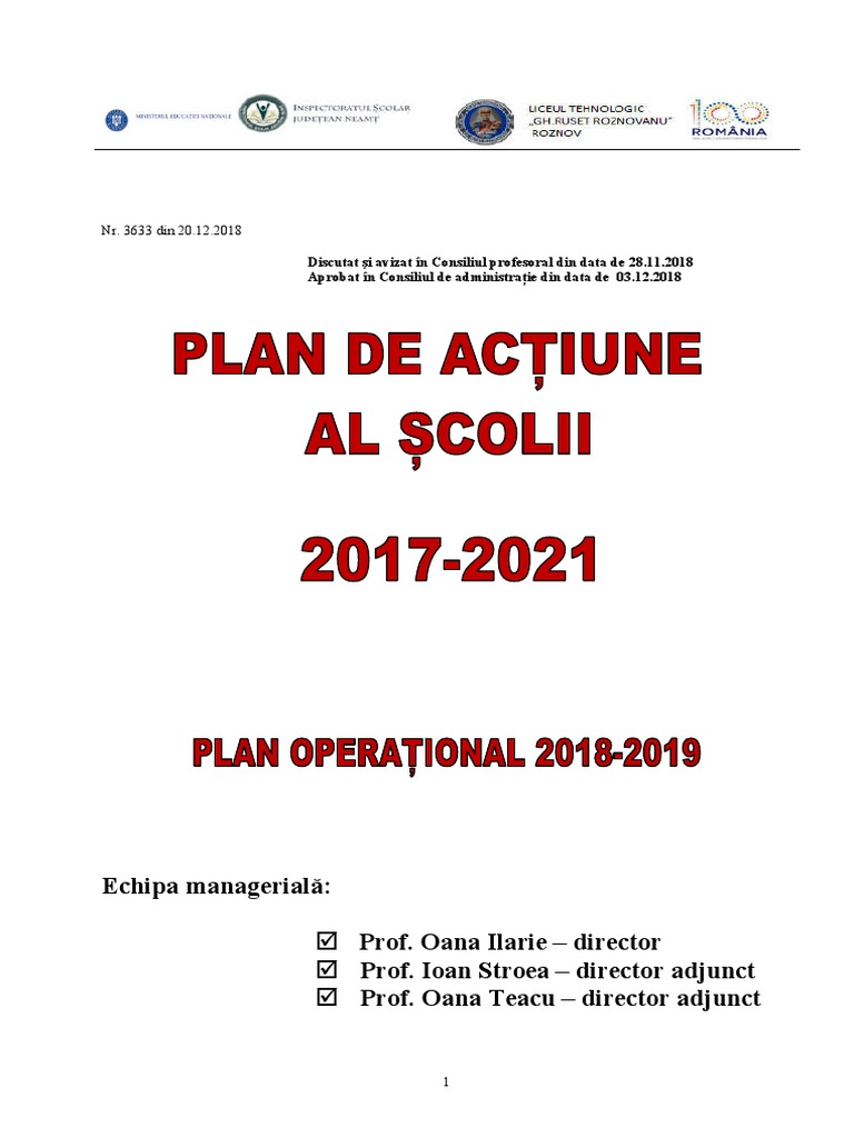 Plan De Actiune Al Scolii Liceul Gh R Roznov 2017 2021