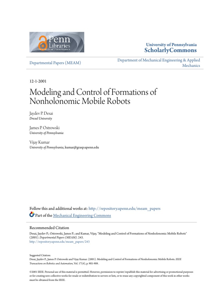 Modeling and Control of Formations Ofnonholonomic Mobile RobotsFull ...