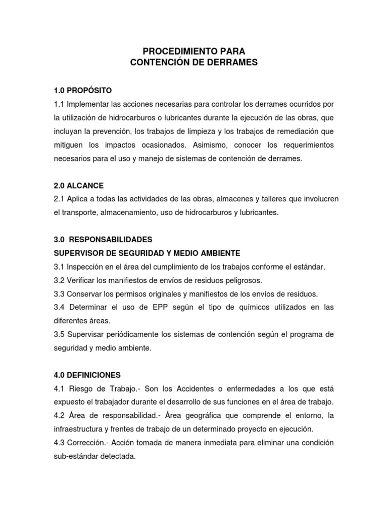Procedimiento de Contención de Derrames | PDF | Tanques | Residuos