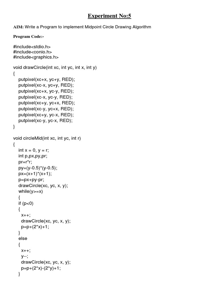 Experiment No:5: AIM: Write A Program To Implement Midpoint Circle ...