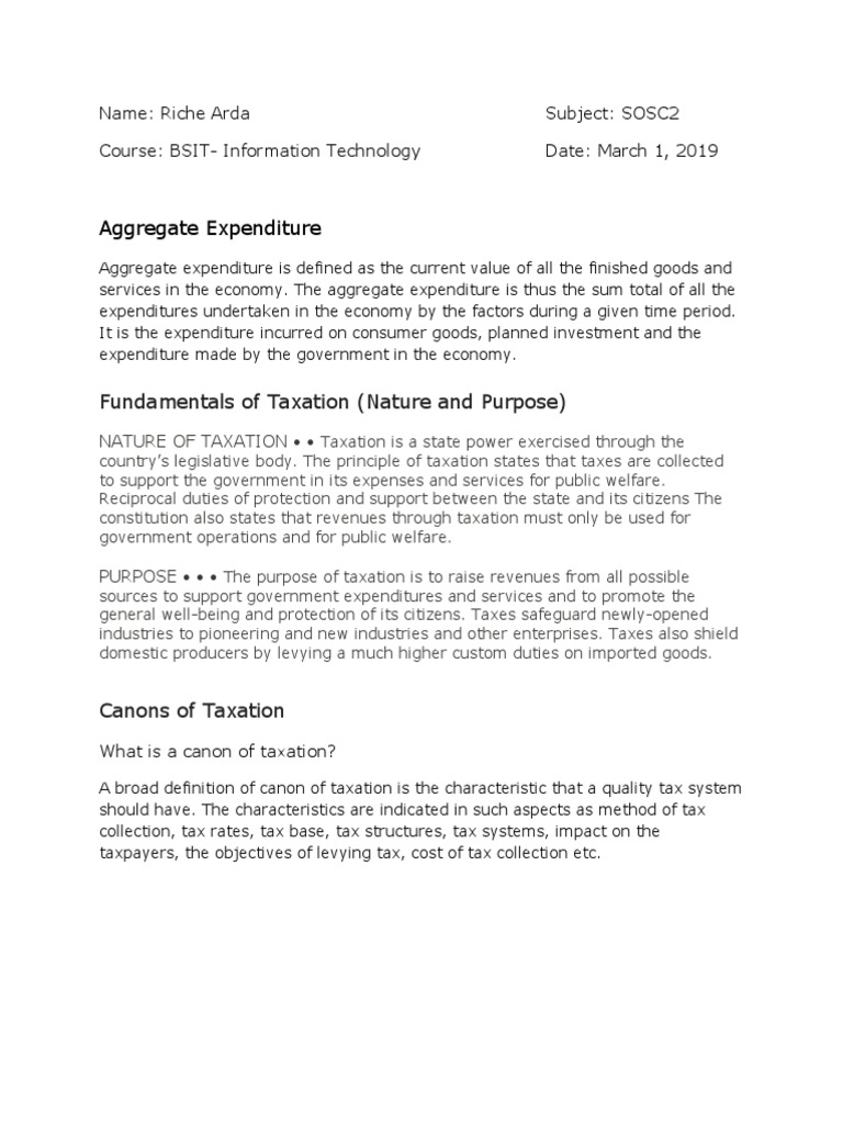 Aggregate Expenditure Fundamentals of Taxation (Nature and Purpose