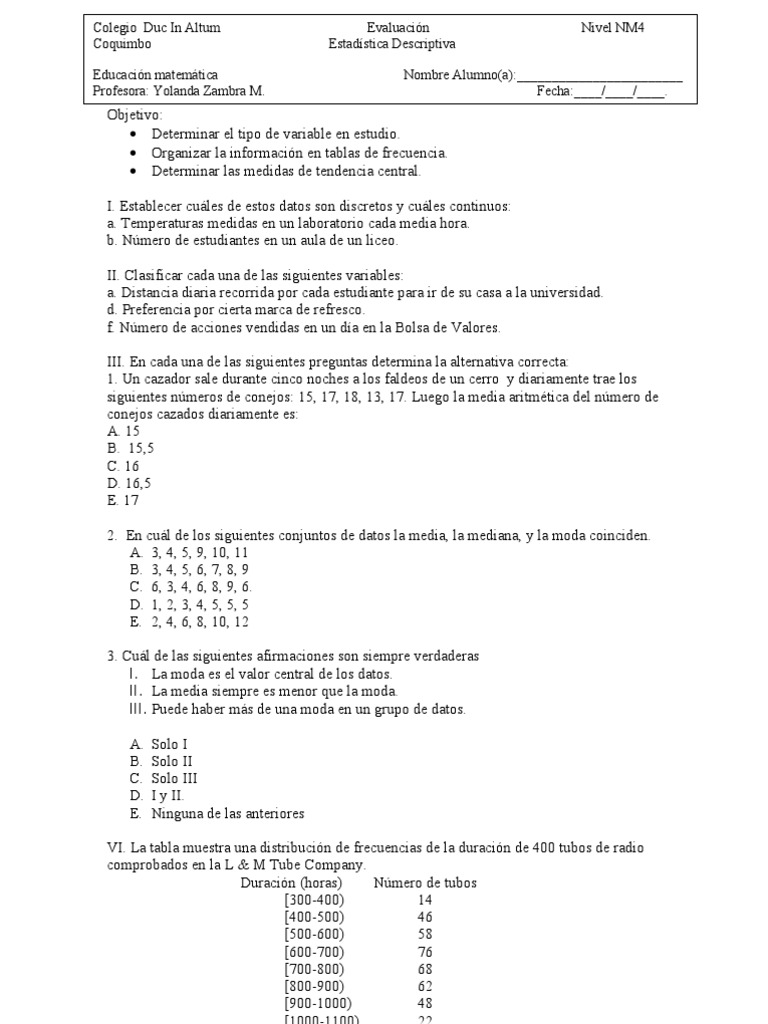 Evaluacion Estadistica para Cuarto Medio | PDF | Enseñanza de matemática