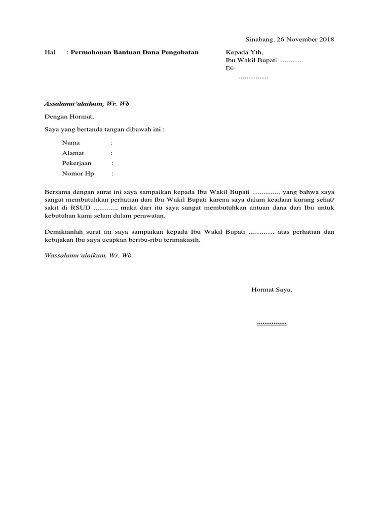Contoh Surat Permohonan Bantuan Pengobatan PDF