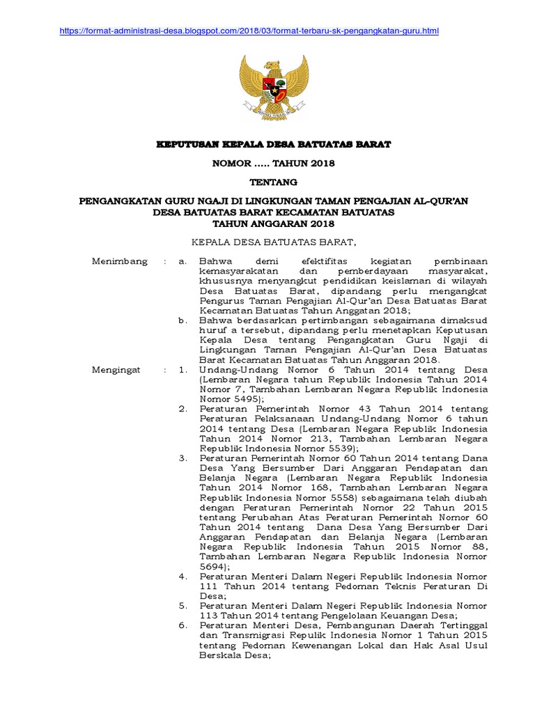 Format Baru SK Pengangkatan Guru Ngaji TPQ Desa