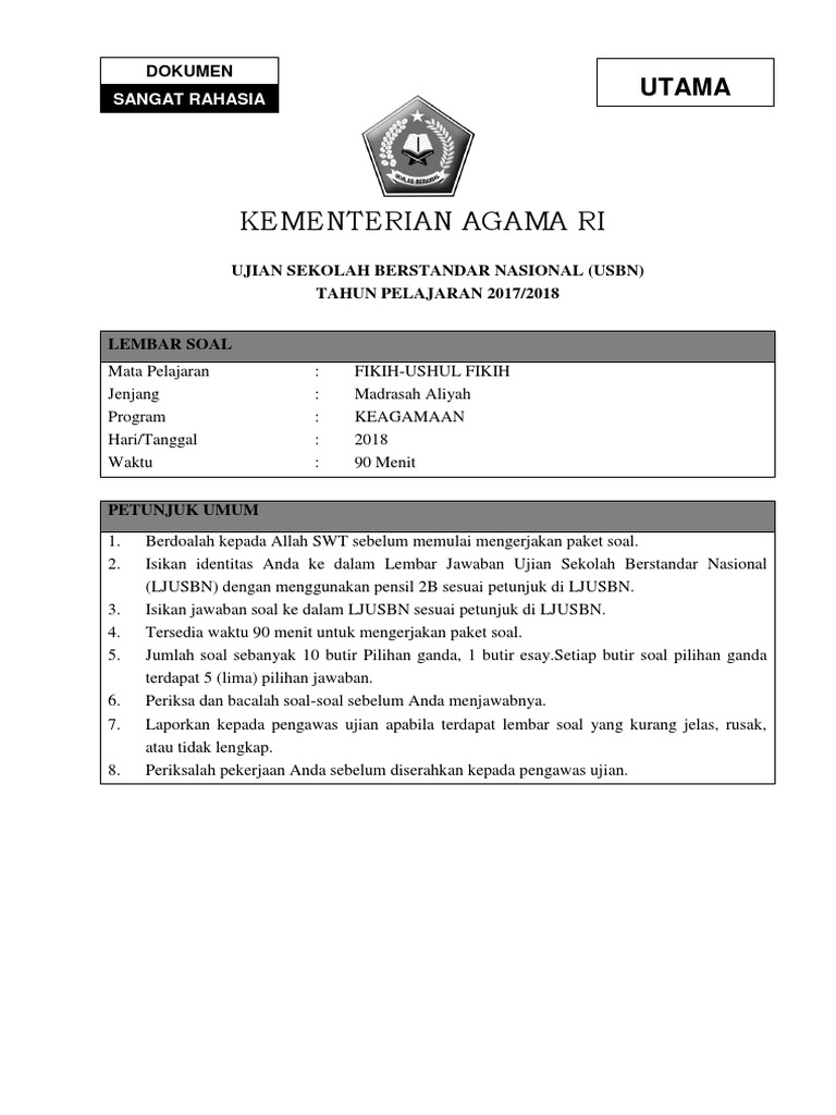 Soal Usbn Ushul Fikih Ma 2019