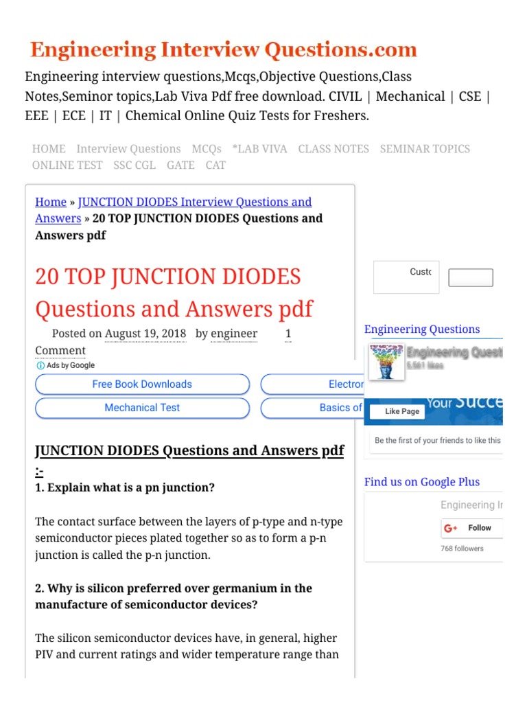 20 TOP JUNCTION DIODES Questions and Answers PDF JUNCTION DIODES