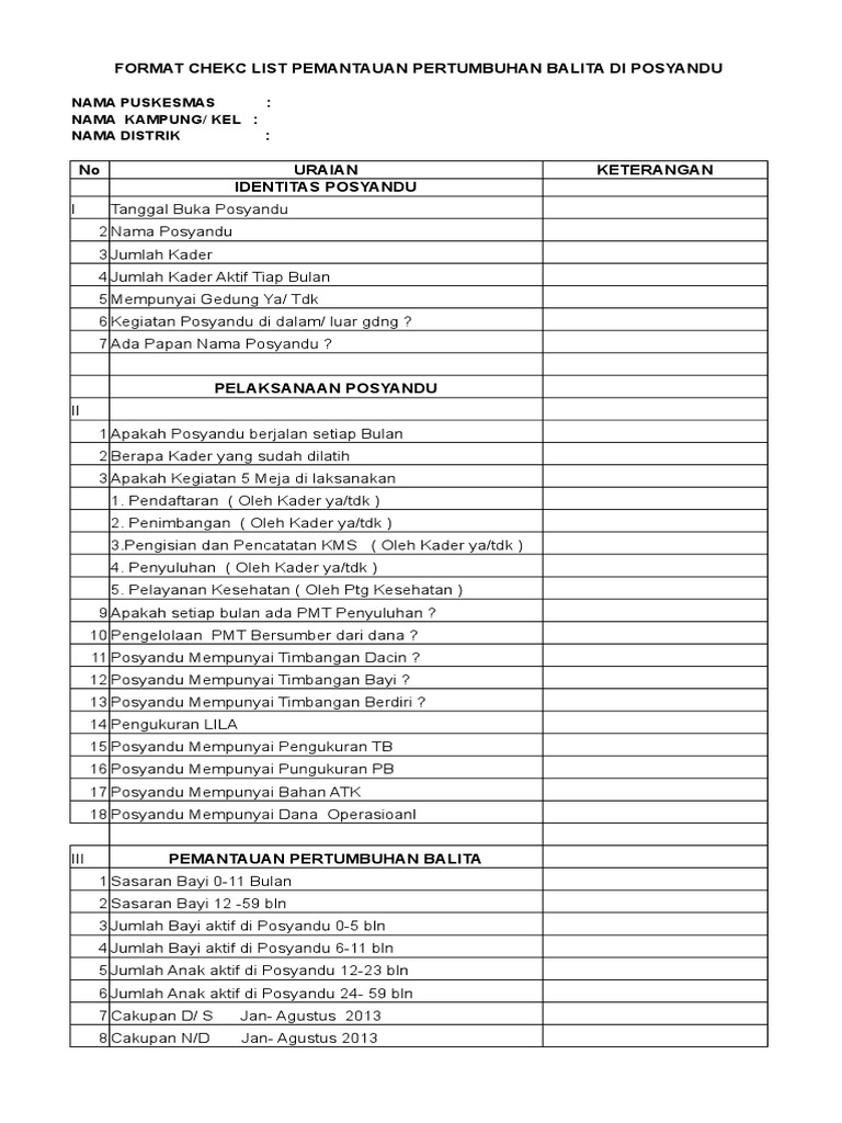 Check List Posyandu 2013 | PDF