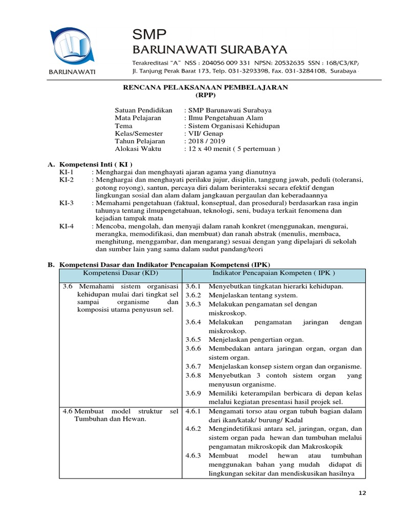 9 Rpp 1 Organisasi Kehidupan Docx