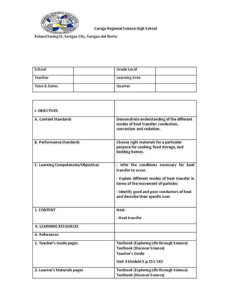 Semi Detailed Lesson Plan Heat Pdf Heat Transfer Heat