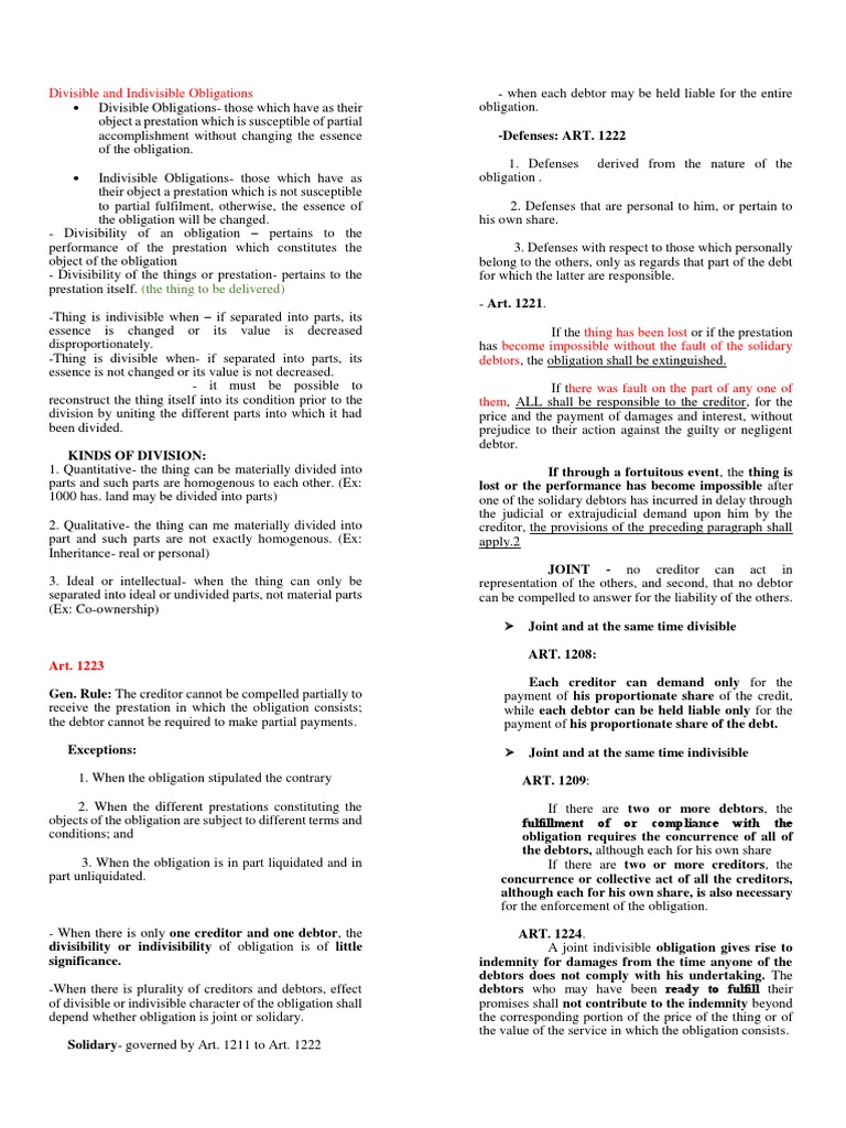 Divisible vs. Indivisible Obligations Explained | PDF | Damages | Indemnity