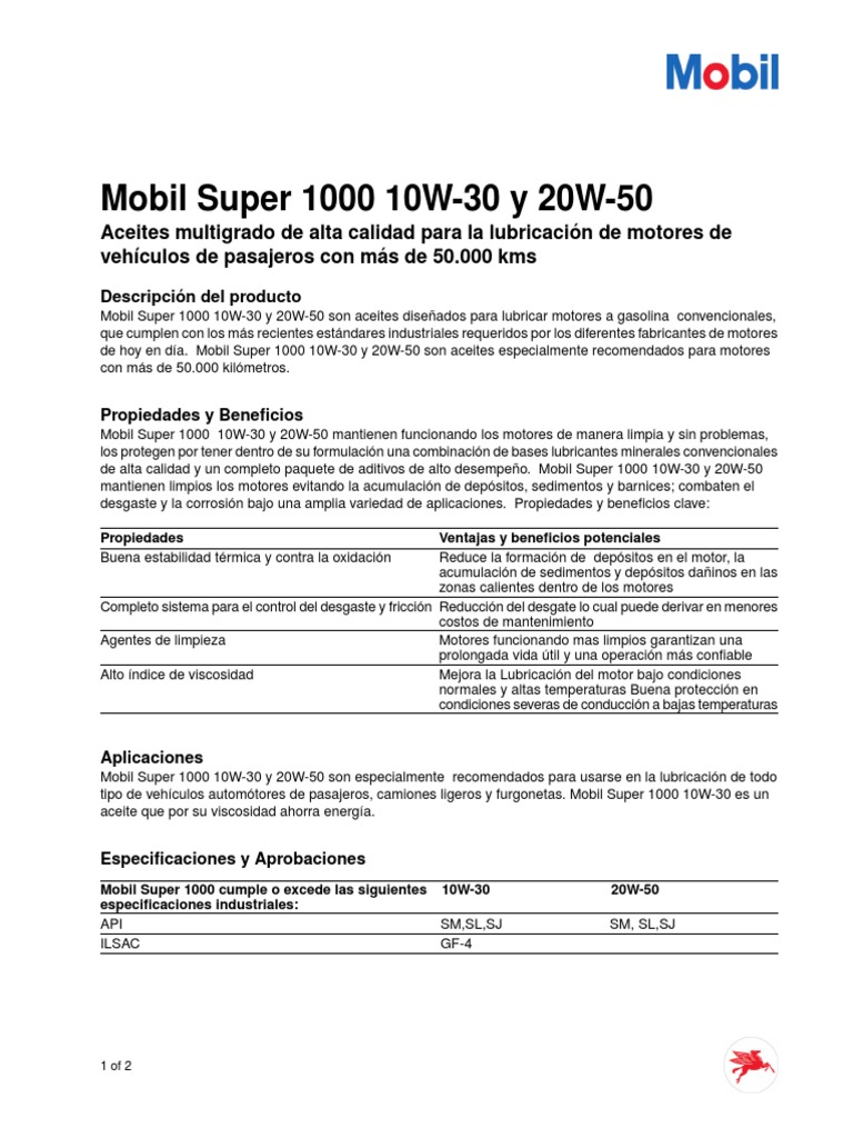 Mobil Super 1000 10W-30 20W-50 PDF | PDF | Lubricante | Materiales