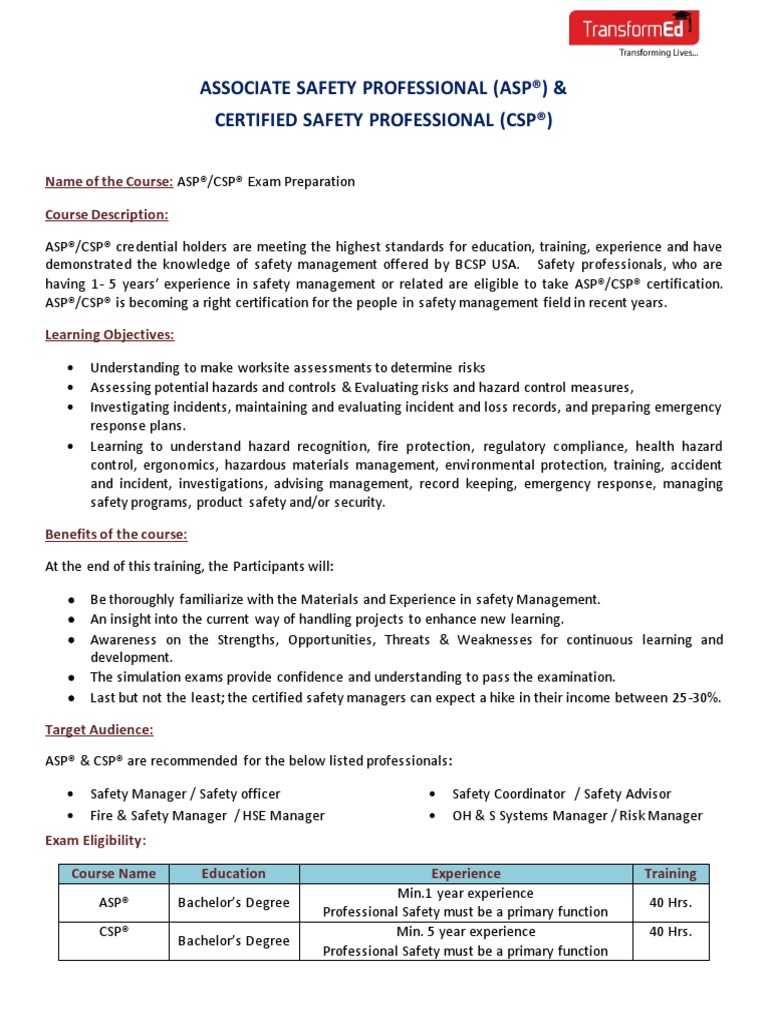 Associate Safety Professional (Asp®) & Certified Safety Professional (Csp®) Safety