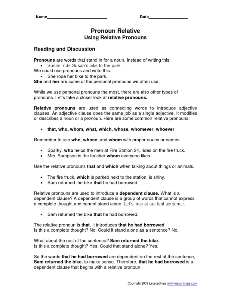 Relative Pronoun Pronoun Adjective