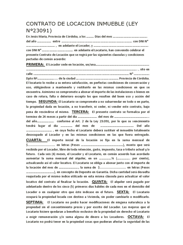 Contrato De Locacion Inmueble (Ley N°23091) Primera