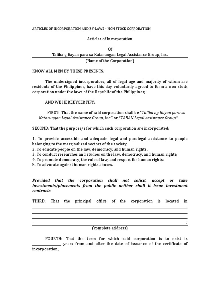 Articles of Incorporation and by Laws Non Stock Corporation PDF