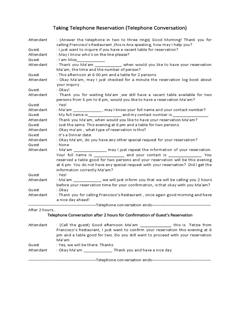 Taking Telephone Reservation (Telephone Conversation) PDF Business